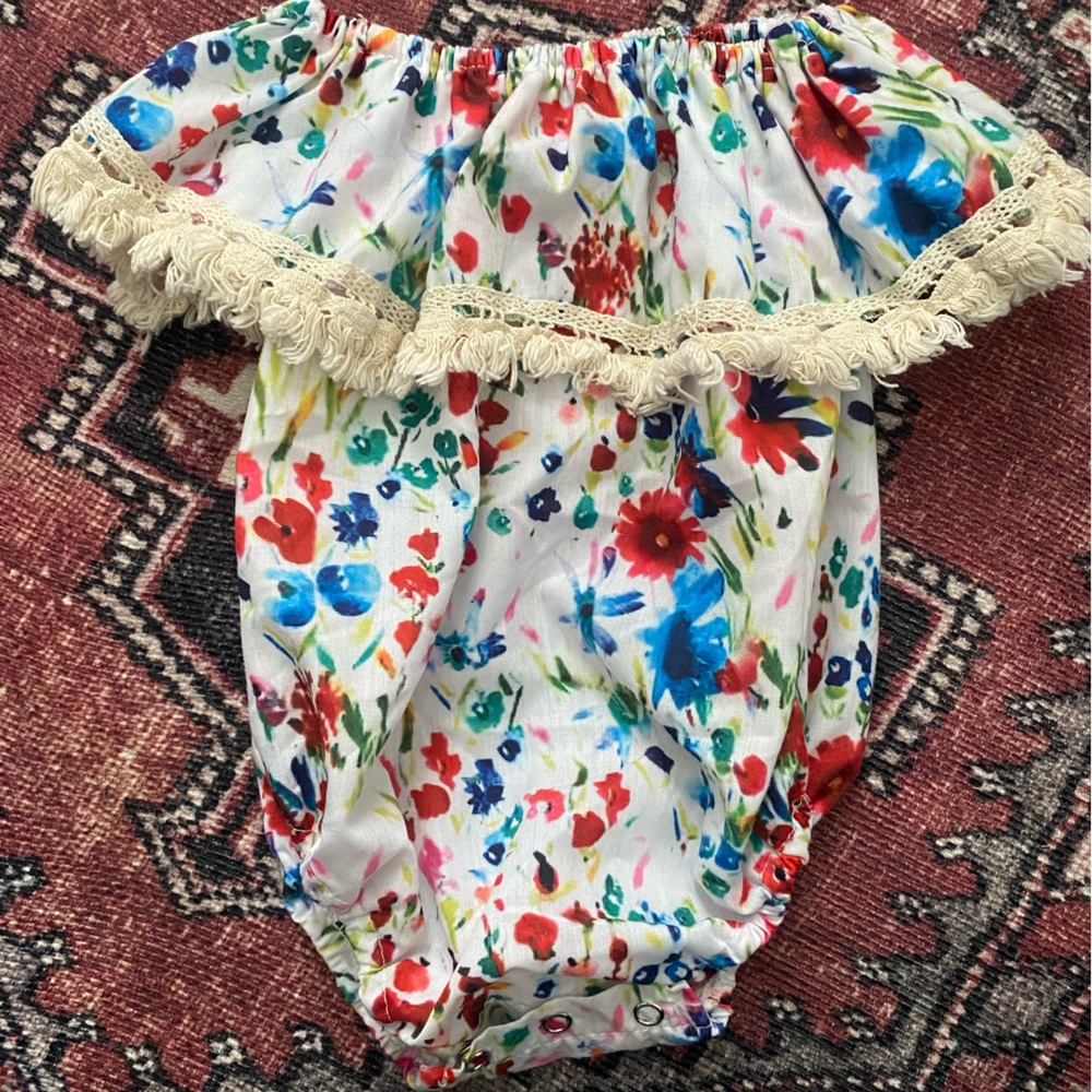 Boho Watercolor Off The Shoulder Baby Girl Romper • Macrame Chest Details